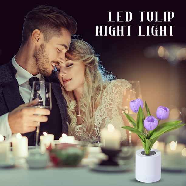 Lámpara LED Artificial Tulip Night Light de escritorio recargable Decoración (Púrpura 3 Flores) Ehuebsd Para estrenar