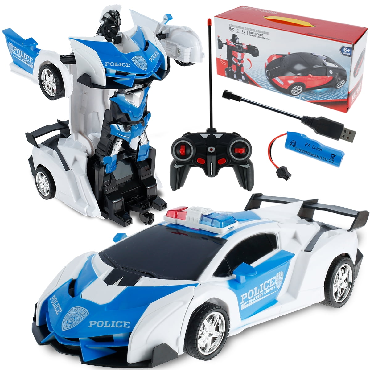 One-Click Deformation Robot RC Car Toys for Kids Age 3 4 5 6+ Year Old Birthday Gifts for Boys Rechargeable 360° Rotation with Light Blue Pup Go 2 in 1 Transforming Remote Control Car 