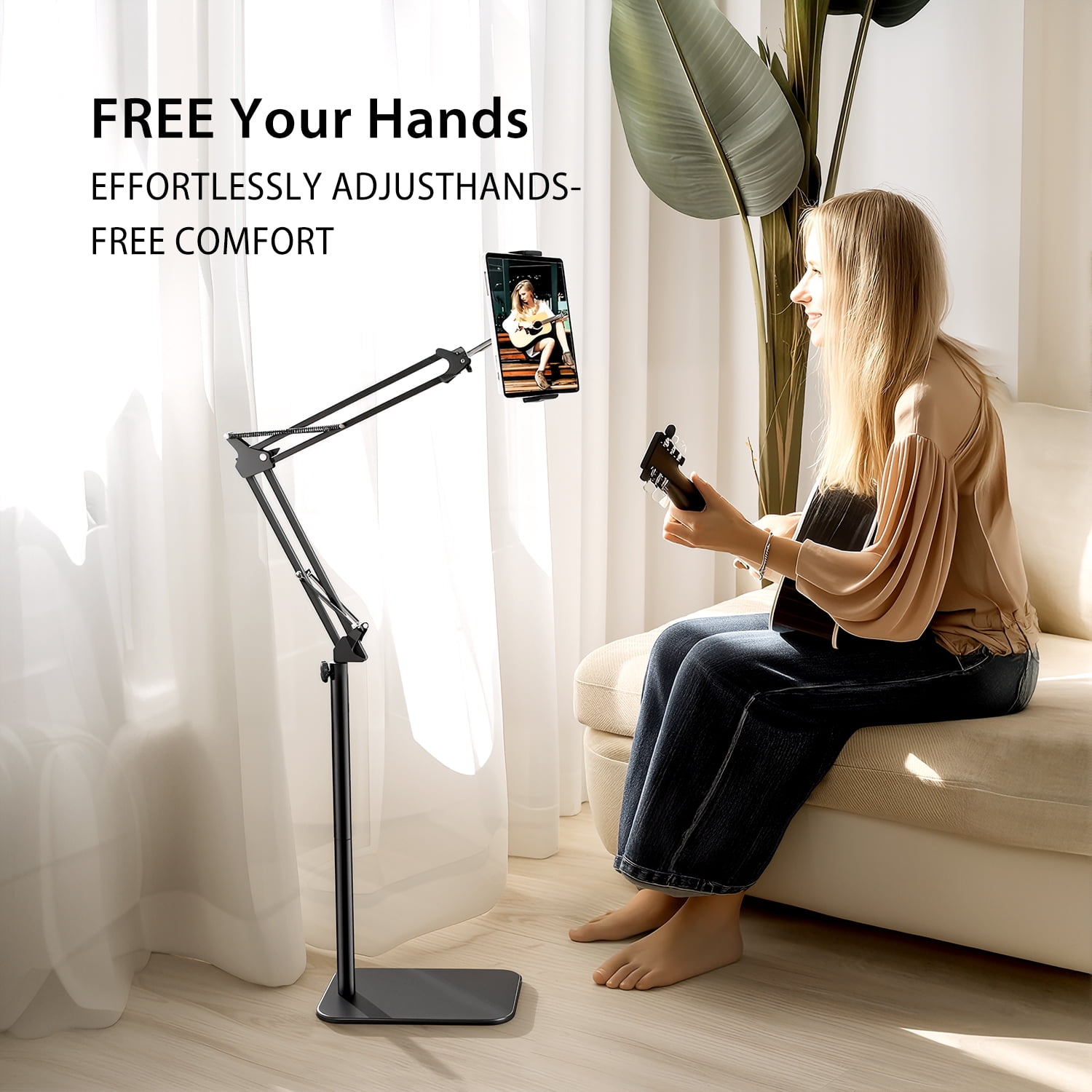 Hanru Tablet Floor Stand, 69" Height Adjustable 360-degree Rotatable Tablet Holder, Arm Stretchable Stand, Overhead Bed Phone Mount（4"~12.9''）