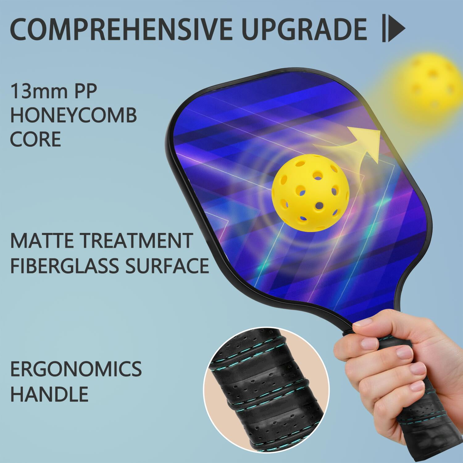 Pickleball Paddles Set Of 1, Fiberglass Surface, Speed, Lightning, Thunder Print, 1 Paddle, 2 Balls & Bag
