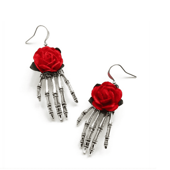Don't Ask Boucles d'Oreilles Main Squelette Argenté & Rose Rouge pour Femmes