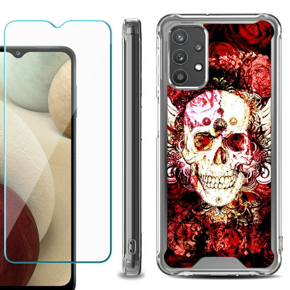 Shockproof Bumper Phone Case for Samsung Galaxy A32 5G, with Tempered Glass Screen Protector, by OneToughShield ® - Rose Skull