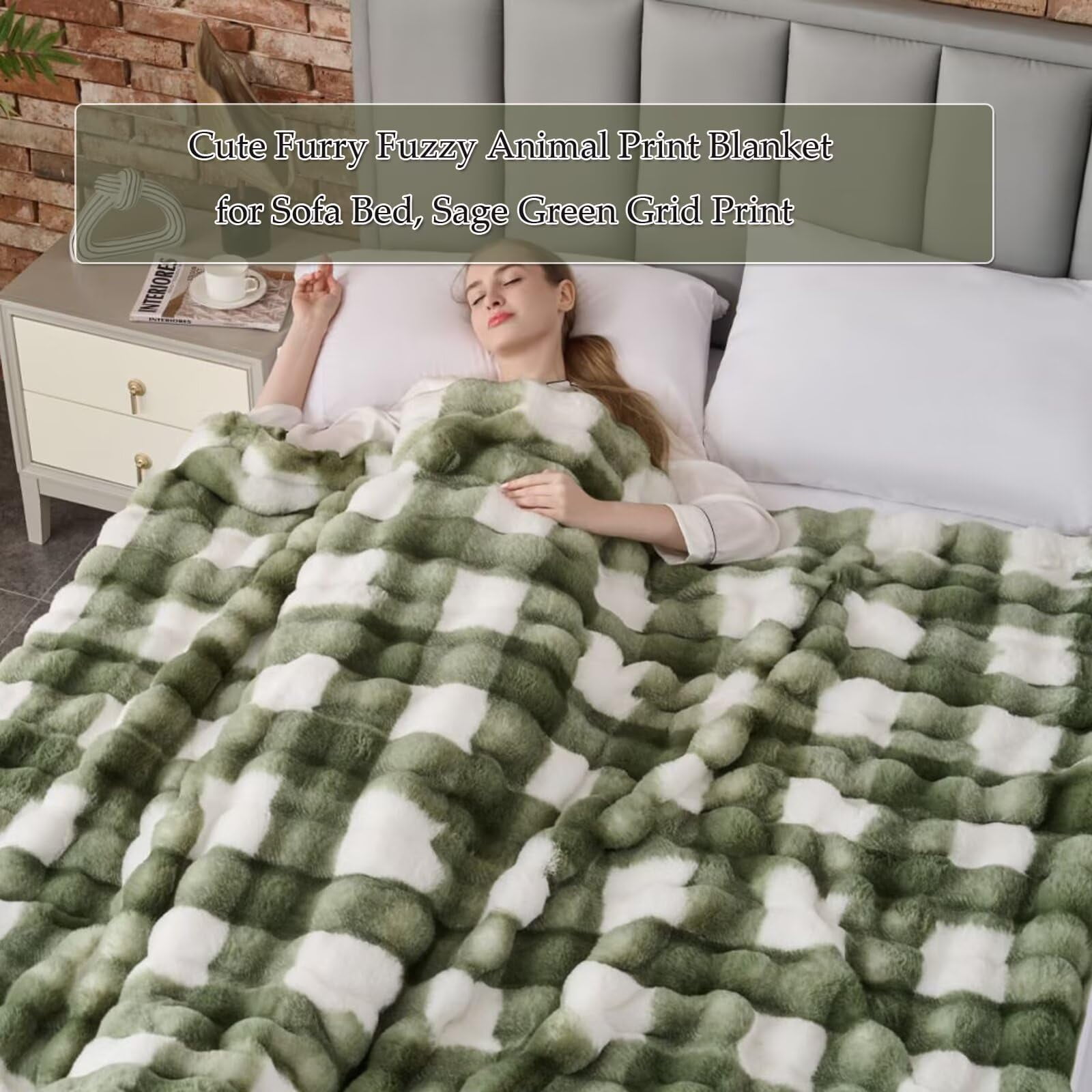 760GSM Faux Rabbit Faux Fur Throw Blanket,Super Thick Warm Bubble Blanket Throw,Fuzzy Luxury Plush Decorative Blanket for Couch Bed Sofa(Sage Green Grid Print,60''x 80'')