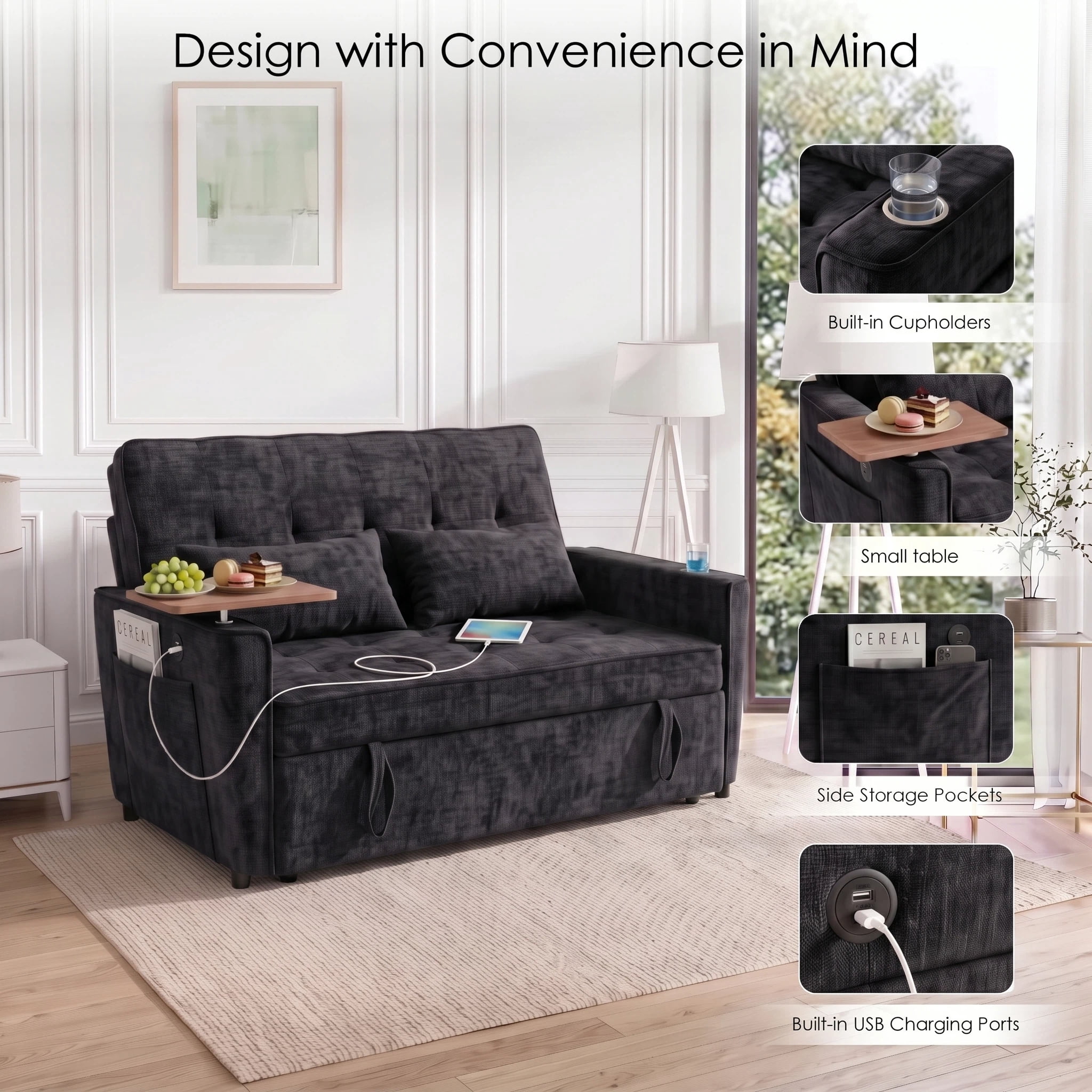 AISWORD 54" Convertible Pull Out Sleeper Sofa Bed, Chenille Loveseat Couch with USB Port, Side Tray Table, Cup Holder, Storage Pockets & Adjustable Backrest for Small Spaces, Black