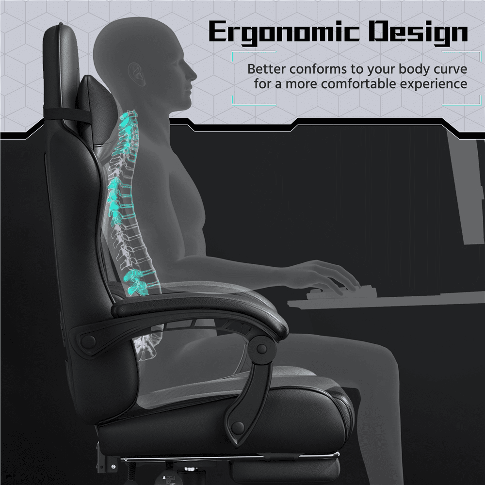 Alden Design Ergonomic High Back Gaming Chair with Massage Lumbar Pillow and Padded Armrests, Full Black