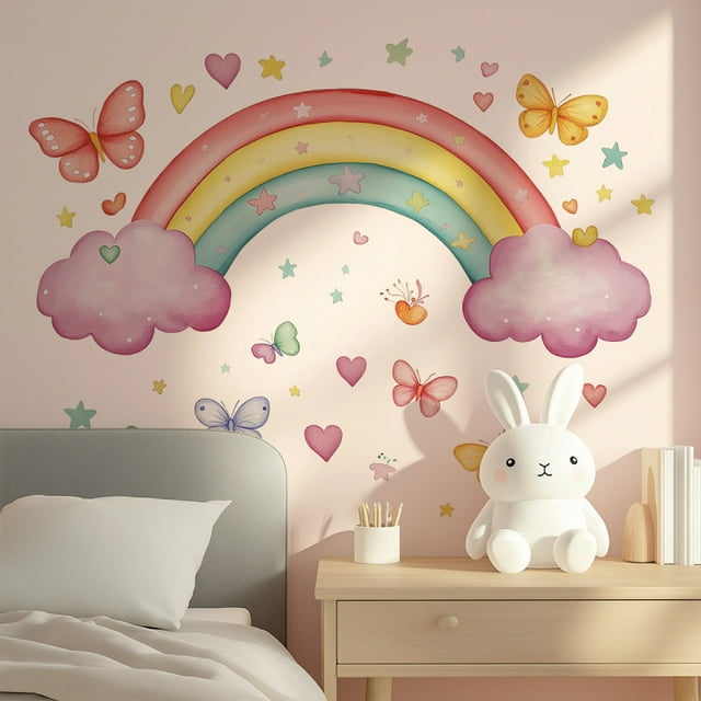 Adhesivos de pared de PVC con arco iris con nubes, mariposas y estrellas