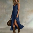 thumbnail image 5 of SAWOBUUN Womens Summer Cotton Maxi Dress Sleeveless V Neck High Waist Button Down Long Dress Side Slit for Beach Vacation, 5 of 9