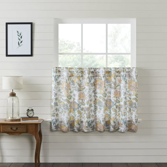 VHC Brands Wilder, Farmhouse Cafe Tier Curtain, Floral, Blue & Green, 36x36, Set of 2
