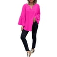 thumbnail image 7 of Women's Plus Size Cotton Linen Tunic, Long Sleeve V Neck Blouse with Flare Sleeve, Solid Color Loose Fit Top for Spring Summer Beach Casual Wear and Vacation Outfits Hot Pink M, 7 of 7