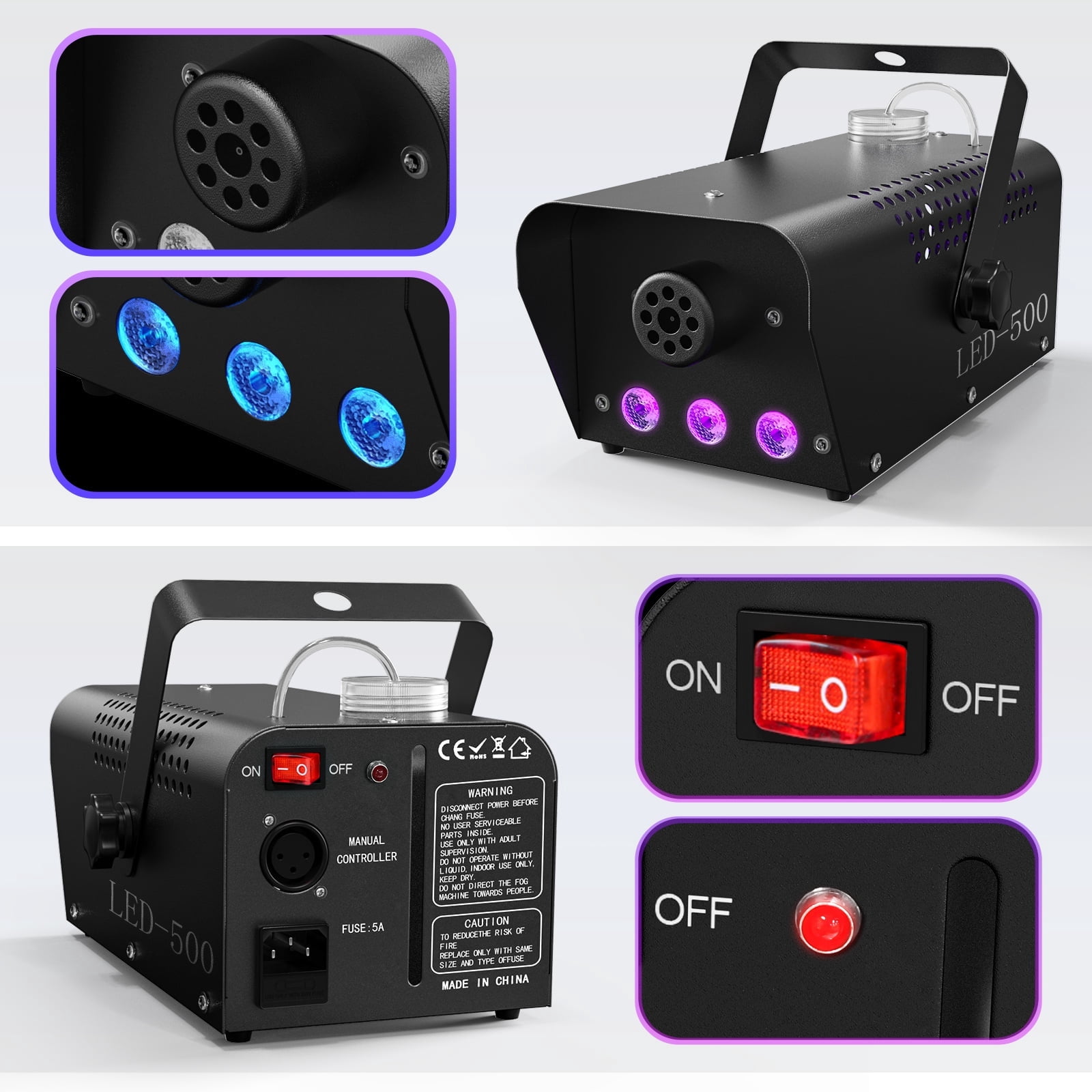 Fog Machine 500W RGB LED Smoke Machine Stage Lighting Effect with Remote Control for Halloween Wedding DJ Show Concert Bar Party