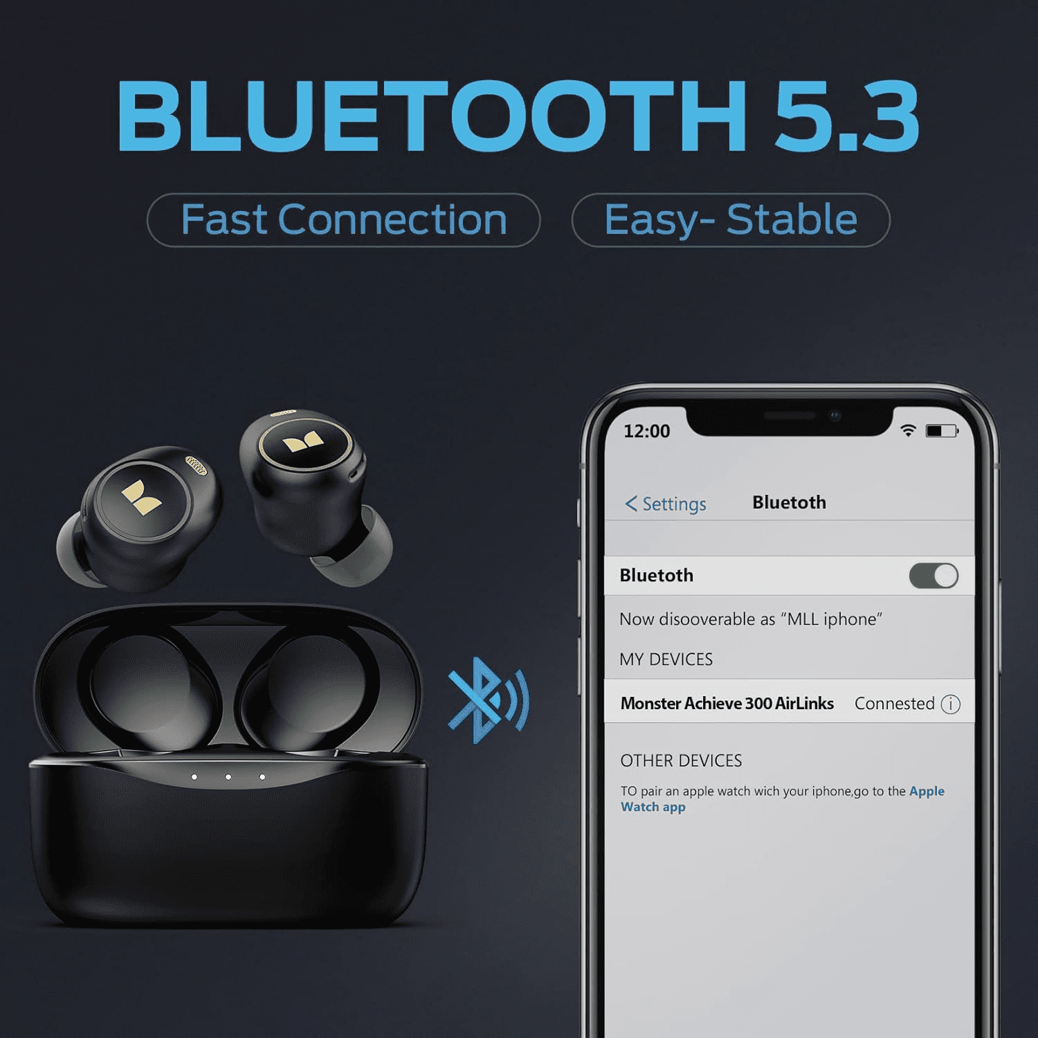 Monster Wireless Earbuds, Bluetooth 5.0 in-Ear Headphones with Charging Case, Stereo Earphones Deep Bass Sound, Built-in Mic, Clear Call, Water Resistant Design for Sports
