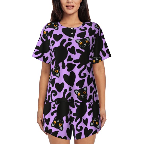 Balery Cartoon Black Cats Conjunto de Pijama para Mujer con Estampado, Dos Piezas de Manga Corta y Shorts, Ropa de Dormir Suave con Cuello Redondo y Bolsillos-XX-Large