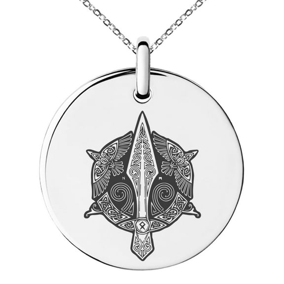 Tioneer Stainless Steel Gungnir Odin's Spear Viking Norse Engraved Small Medallion Circle Charm Pendant Necklace