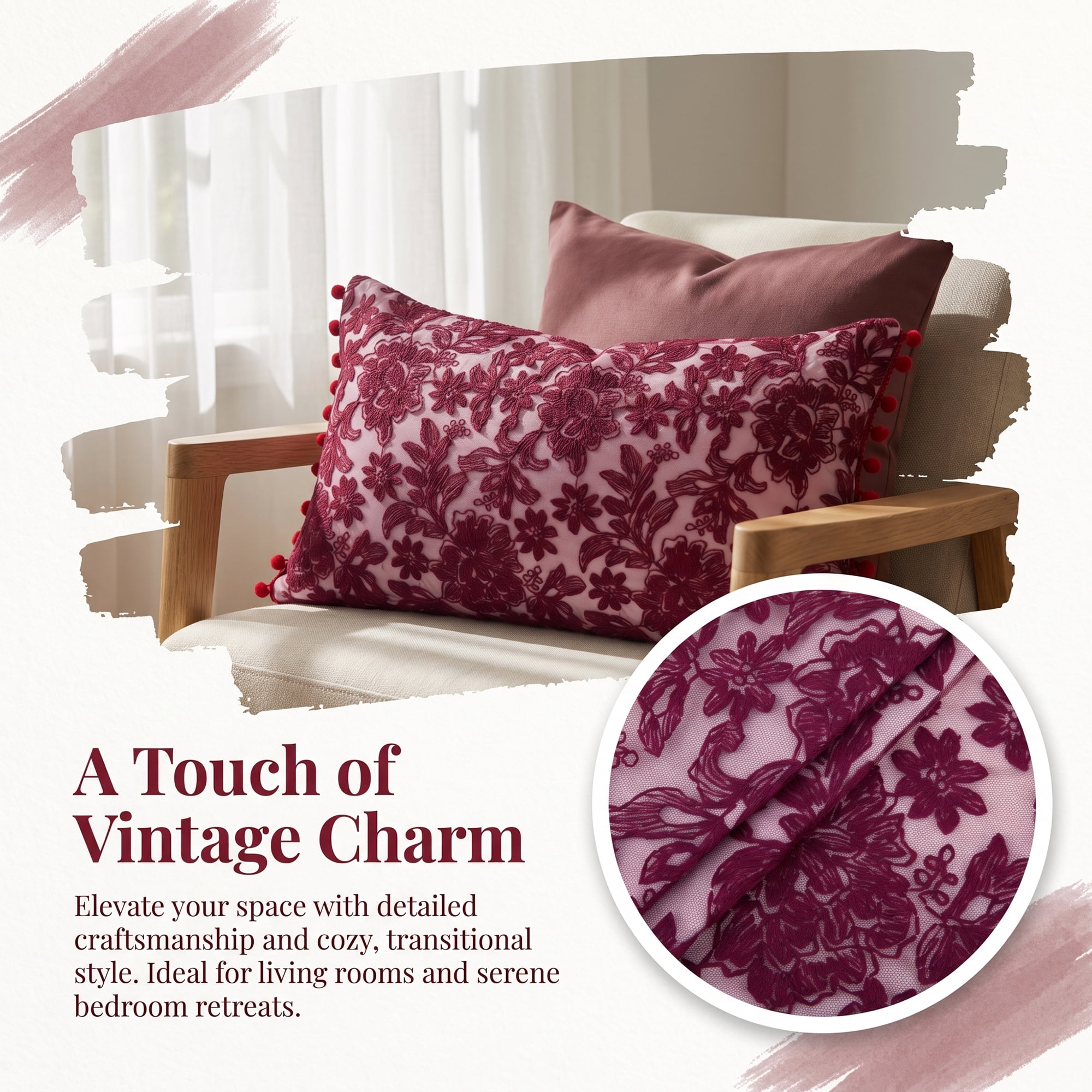 Unique Bargains Elegant Vintage Floral Throw Pom-Pom Pillow Covers Red 20" x 12"