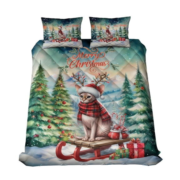 Merry Christmas Santa Reindeer Antlers Sphynx Sleigh Xmas Winter Holiday Quilt Bedding Set Cat Lover Kitten Owner Gifts Idea 1 Blanket Bed Cover 2 Pillowcases - 00023