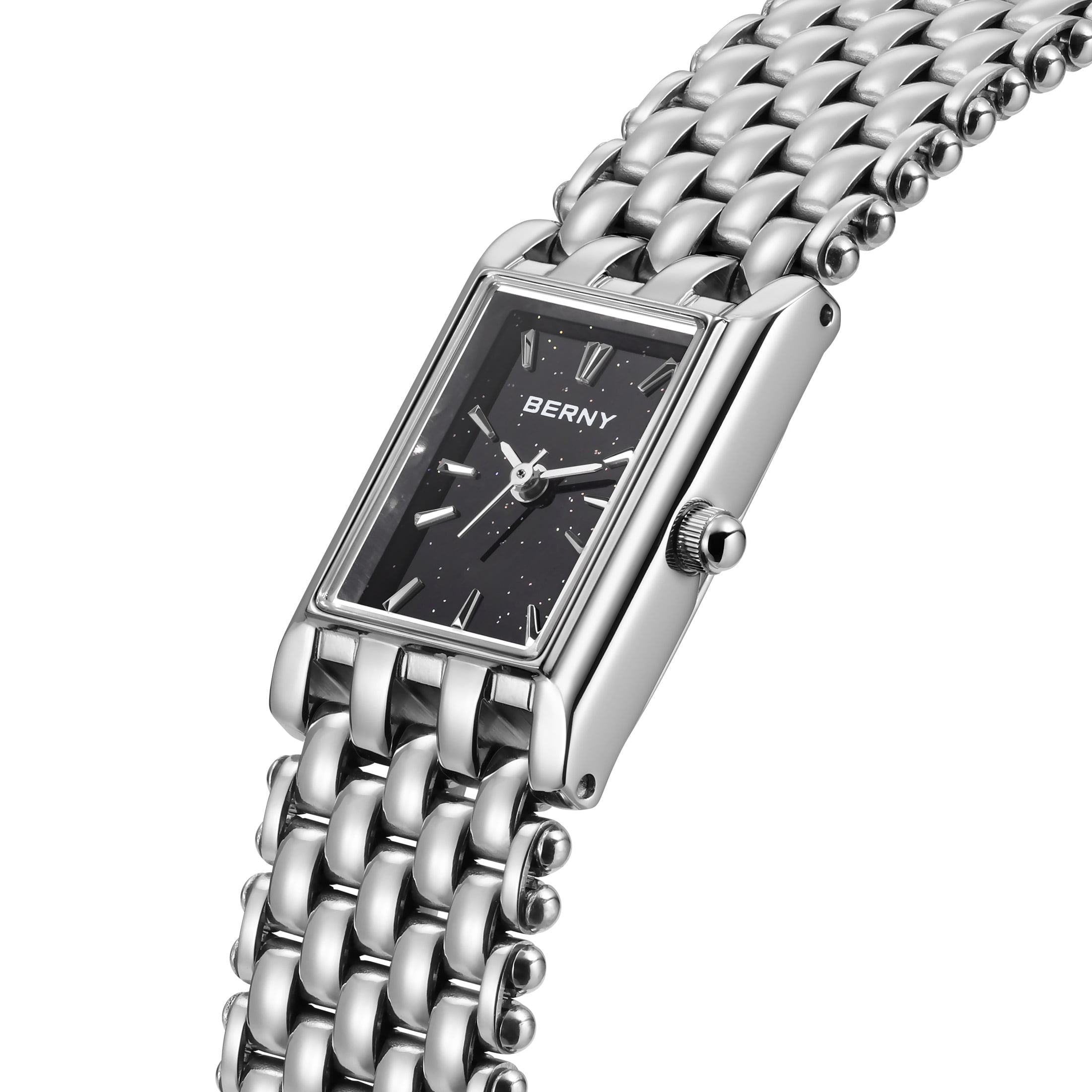 BERNY Small Silver Watches for Women, Dainty Rectangular Women Watch with Stainless Steel Bracelet Band, Japanese Quartz Movement, 3ATM Waterproof, Classic Dress Ladies Wristwatch (Black)