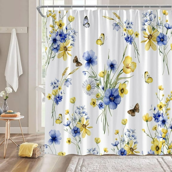 Yellow Blue Flower Shower Curtain Rustic Watercolor Blue and Yellow Floral Butterfly Nature Spring Plant Bathroom Decor Fabric Curtain with Hooks 36"W x 72"L (Pack of 1)