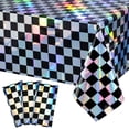 thumbnail image 1 of Paquete de 3 Manteles de Plástico a Cuadros Negros e Iridiscentes CHAO Rectangulares Desechables Brillantes con Láser, 1 of 5