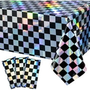 3Pack Black and Iridescent Checkered Plastic Tablecloth, Shiny Disposable Laser Rectangle Table Covers, Holographic Foil Tablecloth Iridescent Party Decorations for Picnic Camping Race Car, 54x108Inc