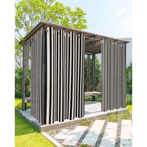 Black Striped Outdoor Curtains for Patio, Modern Simple Farmhouse Beige Vintage Privacy Drapes Grommet Waterproof Outside Curtains for Porch/Cabana/Balcony 54"x 95", 2 Panel