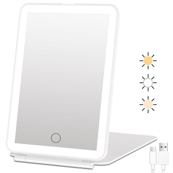 FUNTOUCH Lighted Travel Mirror, 3 Color Makeup Mirror, Portable Vanity Mirror, Rechargeable Folding Cosmetic Mirror
