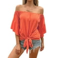 thumbnail image 2 of TODOZO Strapless Tops for Women Beach Vacation T Shirts Fashion Outfits Summer Tops for Women 2025 Off The Shoulder Tops Women Summer 3/4 Bell Sleeve Tie Knot Boho Shirt Blouses Red M, 2 of 4