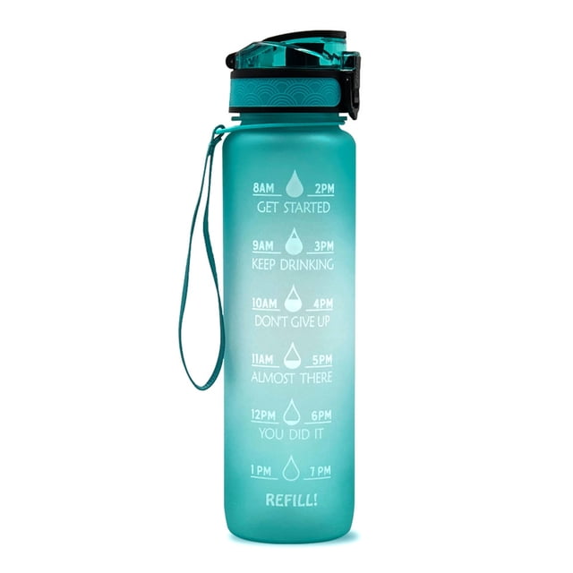 Green Gradient 1L Water Bottle with Time Marker & Inspirational Quotes, Food-Grade PP Plastic, Spring-Loaded Cap, Removable Strainer & Filter, Single-Handed Locking Lip, Durable Nylon Strap, Wide