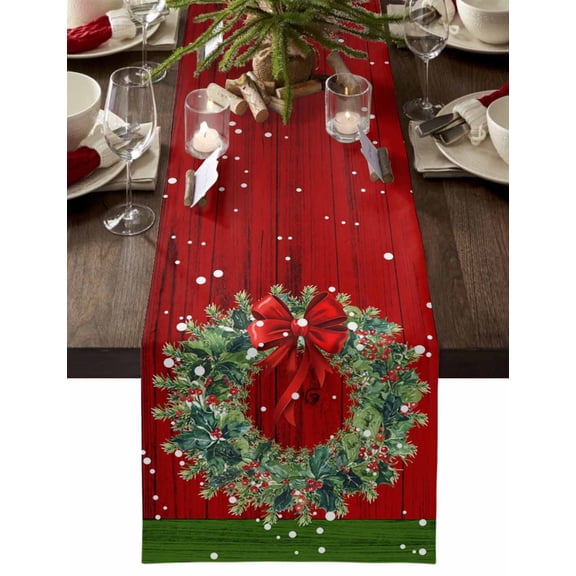 ERUNPONLY Christmas Wreath Table Runner - 70 Inch Long Red Green Botanical Vintage Wooden Cotton and Linen Blended Dress Scarves Farmhouse Table Runner for Kitchen Dining, Coffee Table, 13" x 70"