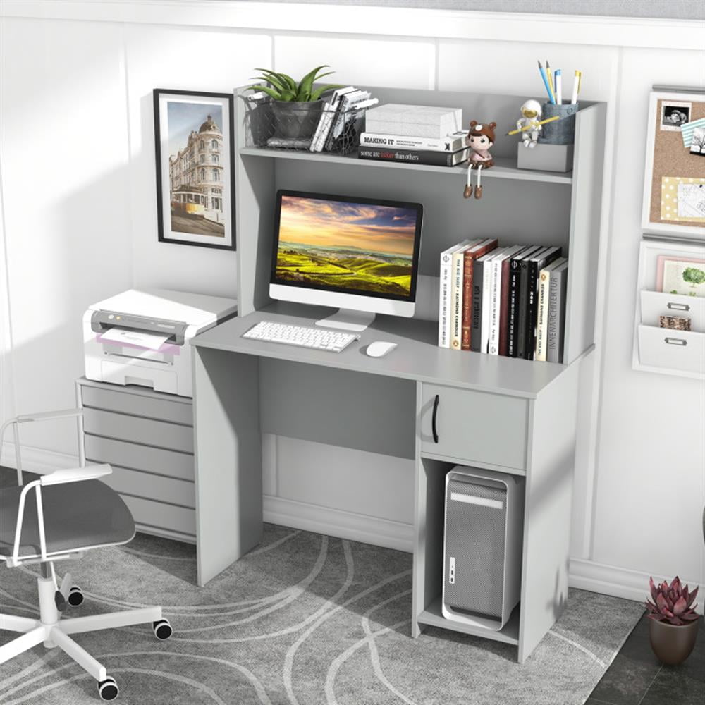 Demi Bonn Home Computer Desk with Raised Display Shelf and 2 Open Shelves, Office Desk Study Writing Table, Gray