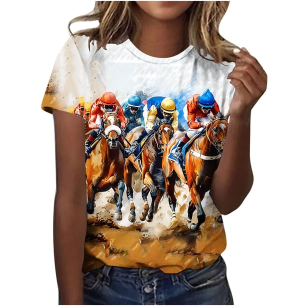 Tops de Cuello Redondo para las Mujeres, Nuevo Suéter de Manga Corta, Caballo Casual Impreso Top Camiseta