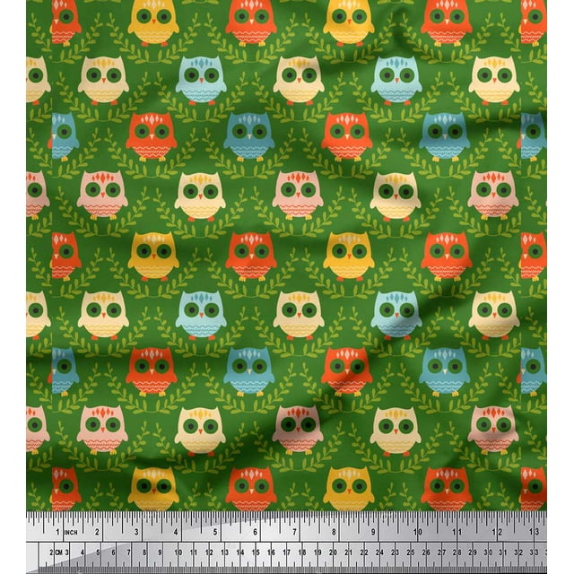Soimoi Green Modal Satin Fabric Leaves & Owl Tribal Print Fabric by the Yard 42 Inch Wide