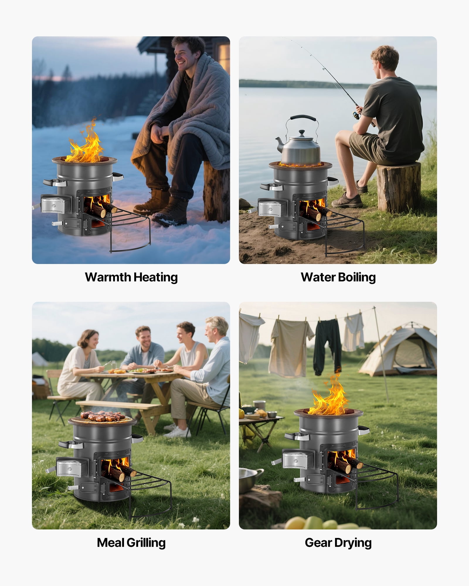 VEVOR Camping Rocket Stove, Wood Burning Portable Rocket Stove with Carrying Bag for Backpacking, SPCC Steel, Double Door, Burn Twigs, Sticks or Charcoals for Outdoor Cooking, Backyard, Camp Cooking