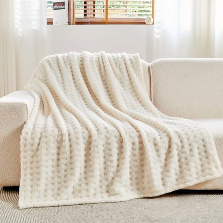 Super Soft Queen Blanket Ivory Premium Silky Flannel Fleece 3D