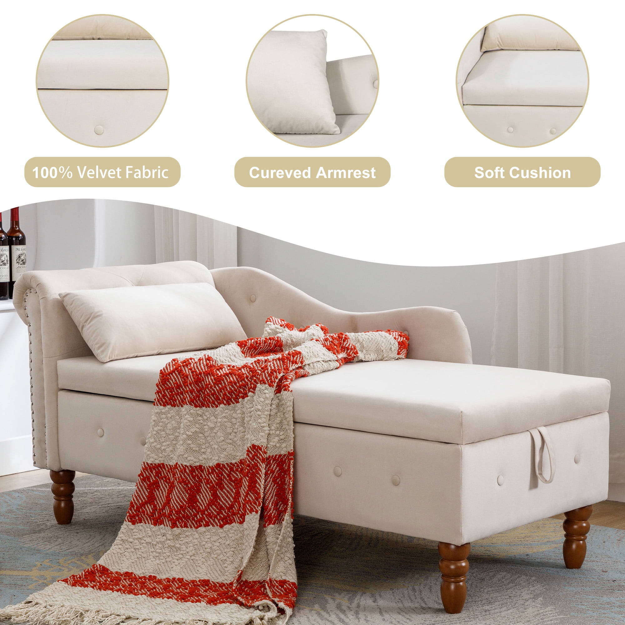 Aukfa Storage Chaise Lounge Chair Indoor Recliner Lounge Chair for Living Room Bedroom,Pillow - Beige