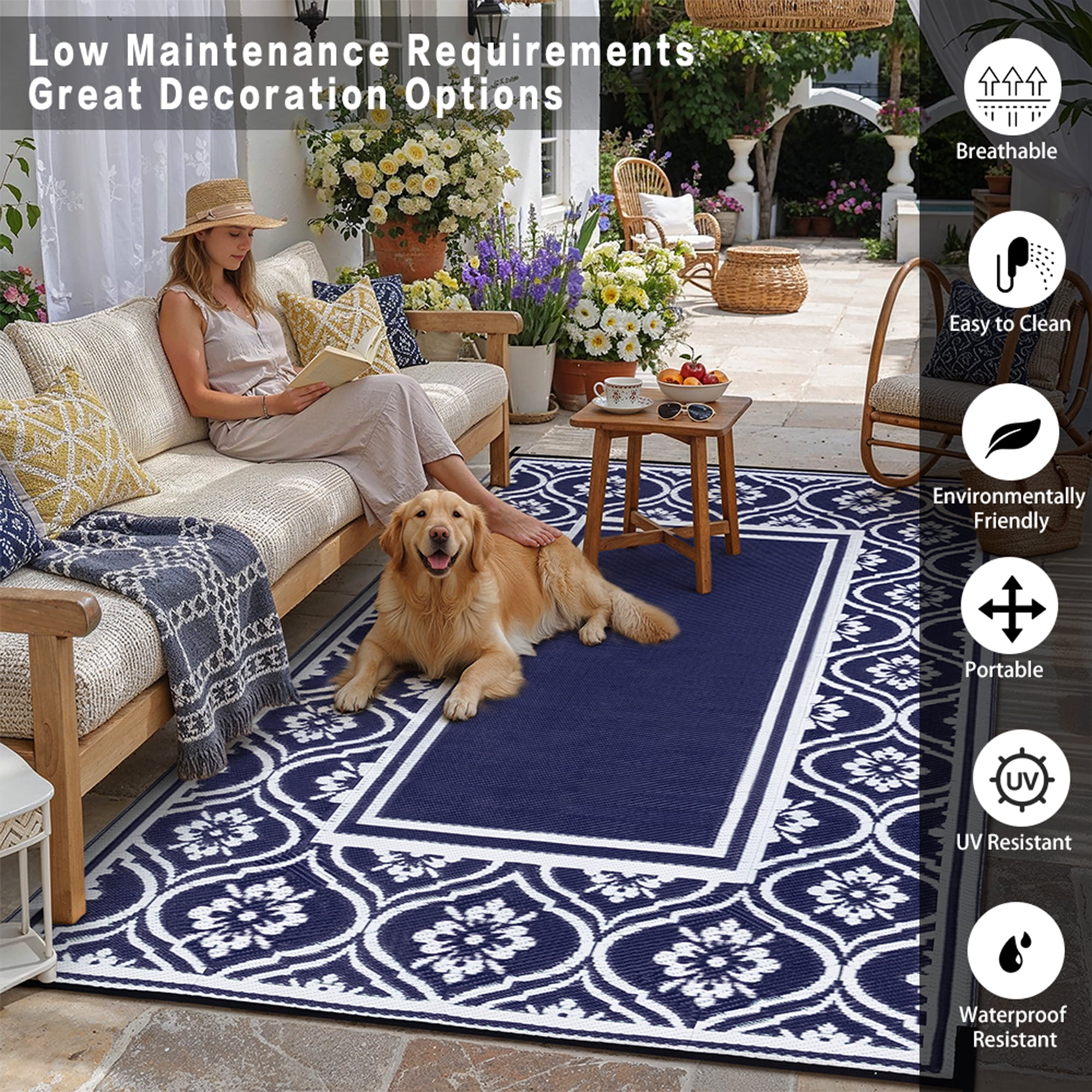BERTHMEER Outdoor Plastic Rugs Clearance 8'x10' Waterproof Patio Rugs Area Rugs Straw Rugs, Camping RV Rugs for outside, Balcony, Pool, Deck Rug
