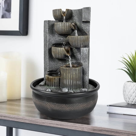 Willwolf 6-Tiered Electric Indoor Water Fountain with LED Lights, Resin Waterfall