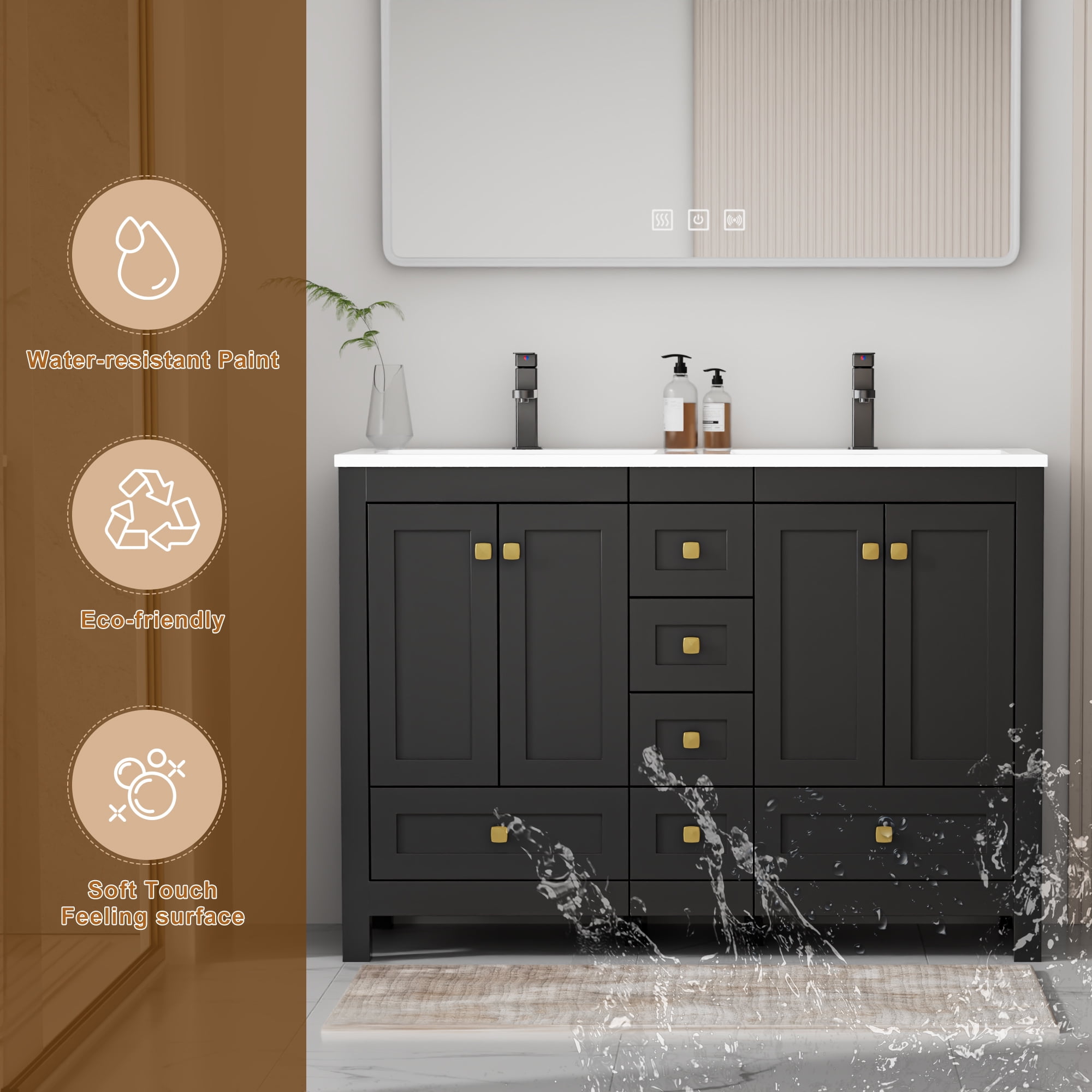 "eclife 48"" Freestanding Bathroom Vanity Set with Resin Double Sink Top, PU Paint, Water-Saving Faucet, Black"