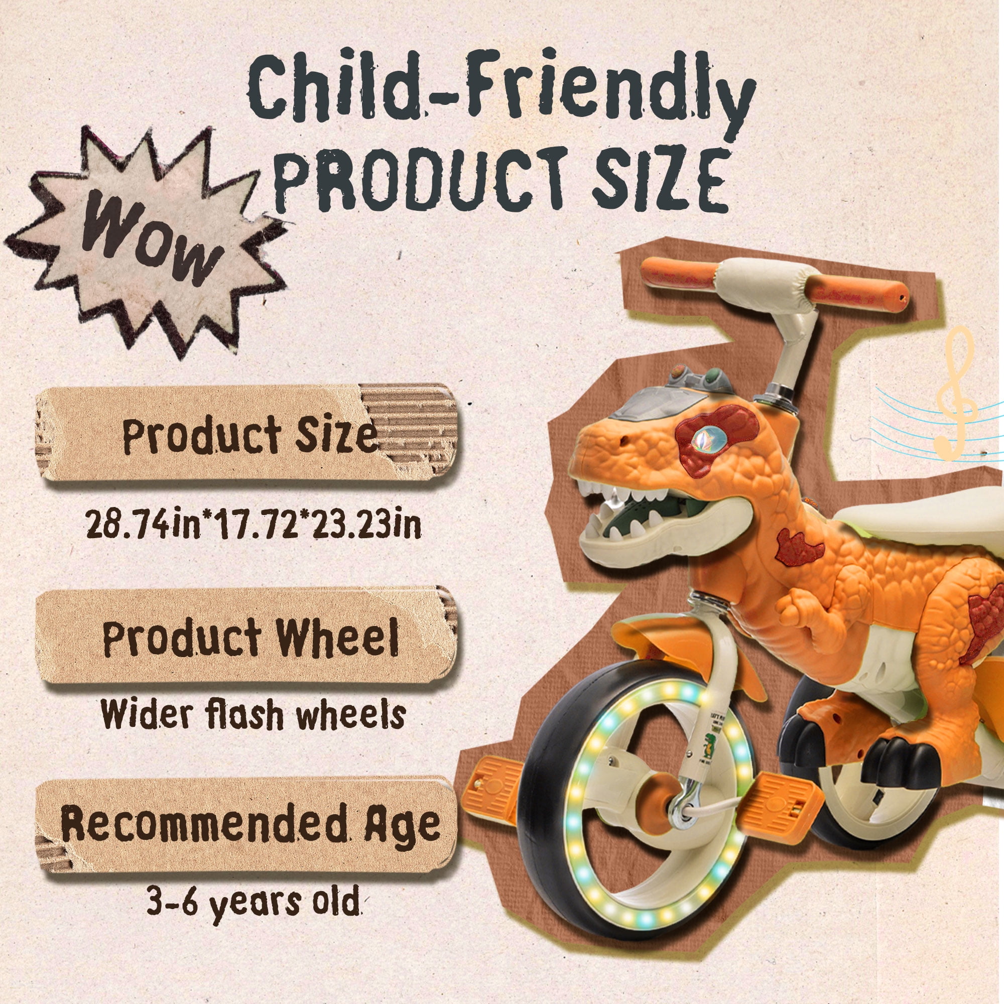 Xuanlur Kids Ride on Dinosaur Tricycle, Toddlers Kid Trike with EVA Wide Flash Wheels, Anti-Slip Pedals, Rear Basket, Music & LED Lights, Toddler Bike Toys Gift for 3-6 Year Old Boys & Girls (Orange)