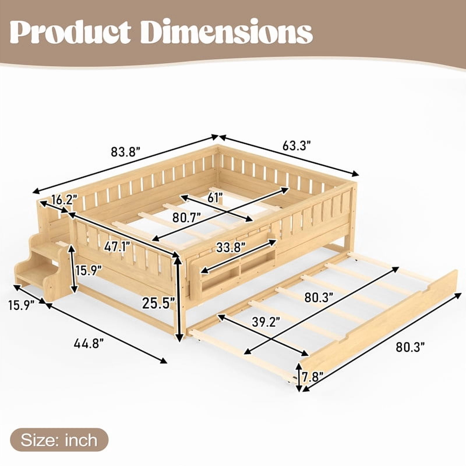 Queen Size Low-Profile Kid's Platform Bed with Built-in Bookshelves & Small Staircase, Wooden Bed Frame with Safety Rails & Trundle