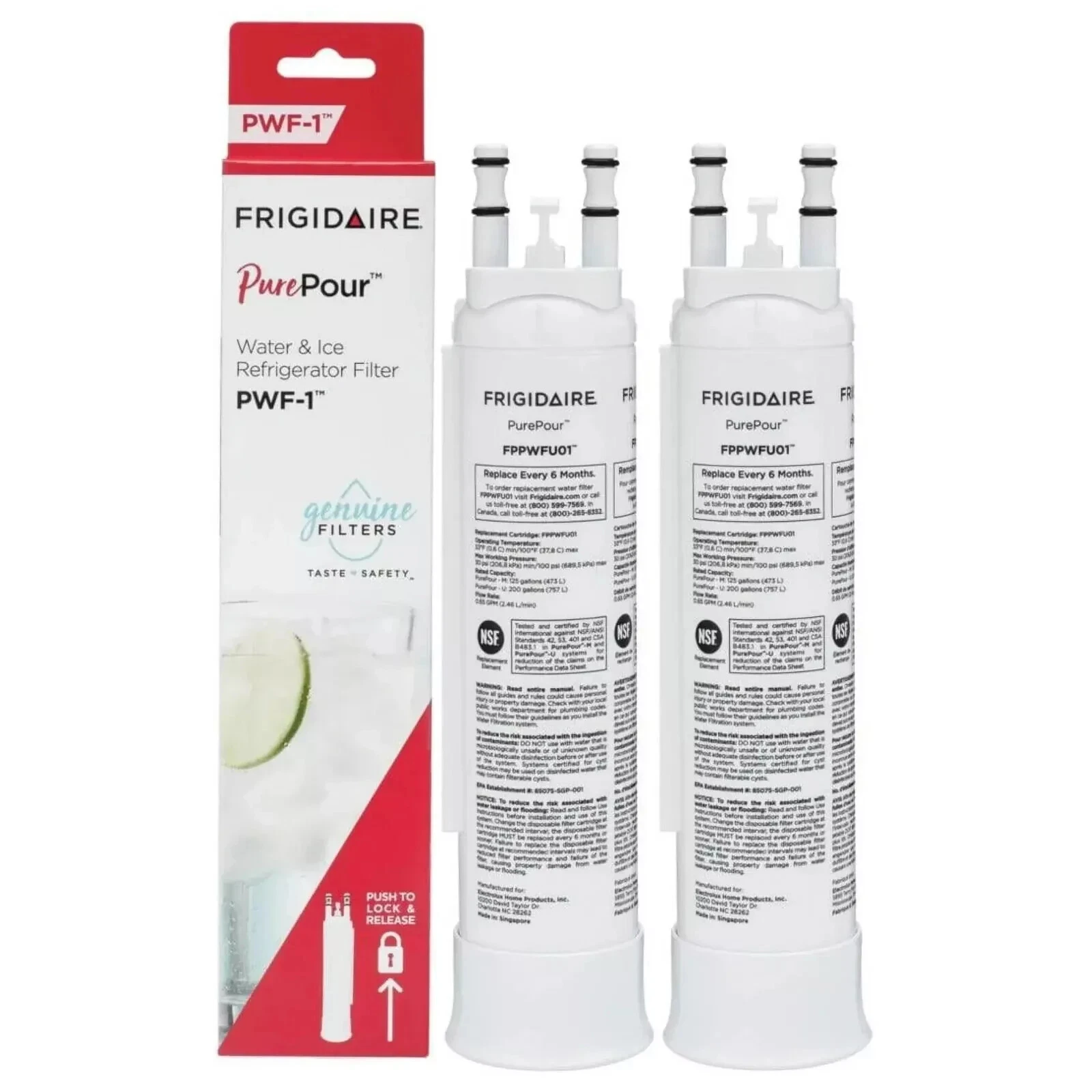 4-Pack FPPWFU01 PurePour PWF-1 Refrigerator Water Filter, For Frigidaire PWF-1 Original OEM Replacement Cartridge, White