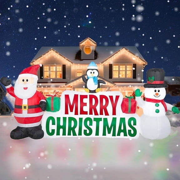10ft Long Christmas Inflatables, Lighted Merry Christmas Sign with Santa, Snowman, and Penguin, Giant Blow Up Outdoor Christmas Lawn Yard Decoration