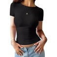 thumbnail image 3 of Womens Basic T Shirts Summer Short Sleeve Crewneck Slim Fit Cute Crop Tops Black S, 3 of 7