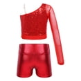 thumbnail image 2 of iiniim Kids Girls Jazz Hip Hop Dance Sequins Mesh Long Sleeve One Shoulder Dance Top with Shorts Red 6, 2 of 7