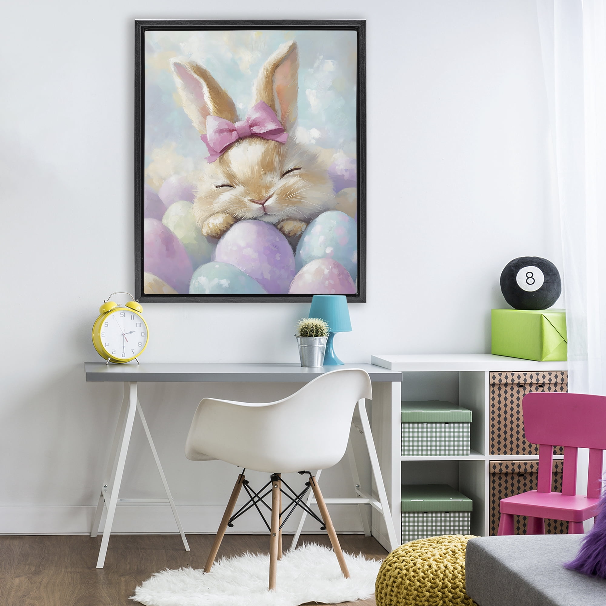 Stupell Industries Sleeping Easter Bunny with Eggs Black Framed Floater Canvas Wall Art, design by The Prints Vibe