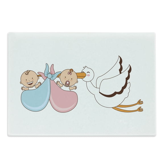 Gender Reveal Cutting Board, with Stork Mythical Congratulation Playroom Shower Theme, Decorative Tempered Glass Cutting and Serving Board, Large Size, Multicolor, by Ambesonne
