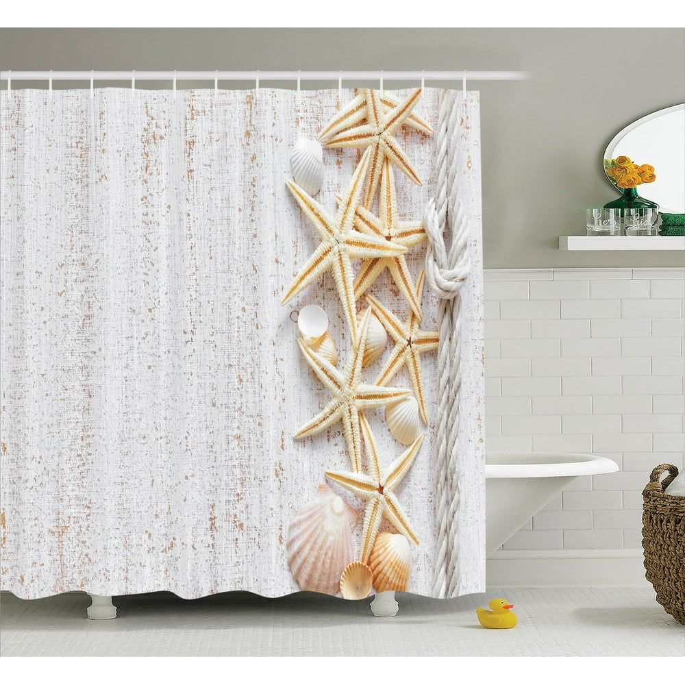 Seashells Decor Shower Curtain Set, Seashells And Starfish With Rope In