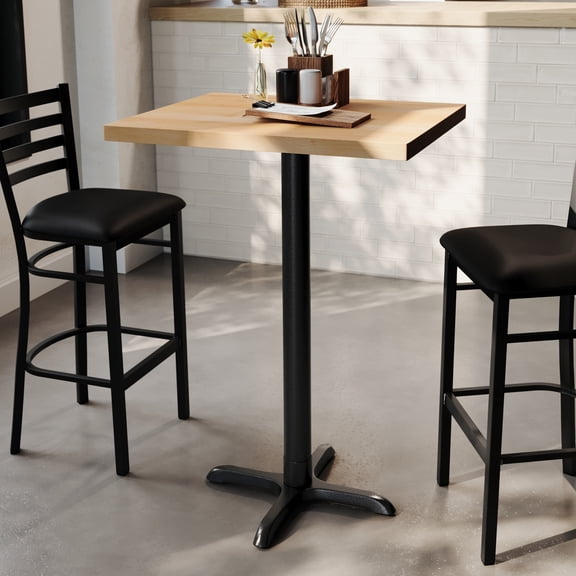 Flash Furniture 24" x 30" Solid Wood Commercial Indoor Tabletop in Natural with 22" x 22" Bar Height Rust-Resistant Black Cast Iron X-Base