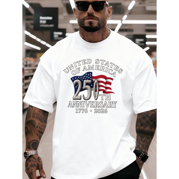 Men's Patriotic United States of America 250th Anniversary White Graphic T-Shirt Retro 1776-2026 Semiquincentennial Commemorative Tee