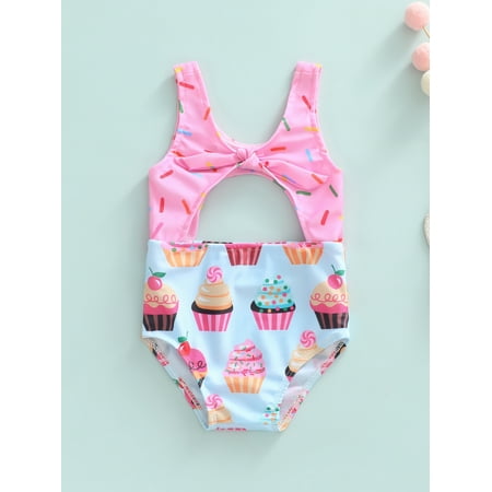 

Lamuusaa Baby Girls One-piece Swimsuits Biscuit/Cake Print Sleeveless V-neck Cutout Bathing Suit Swimwear