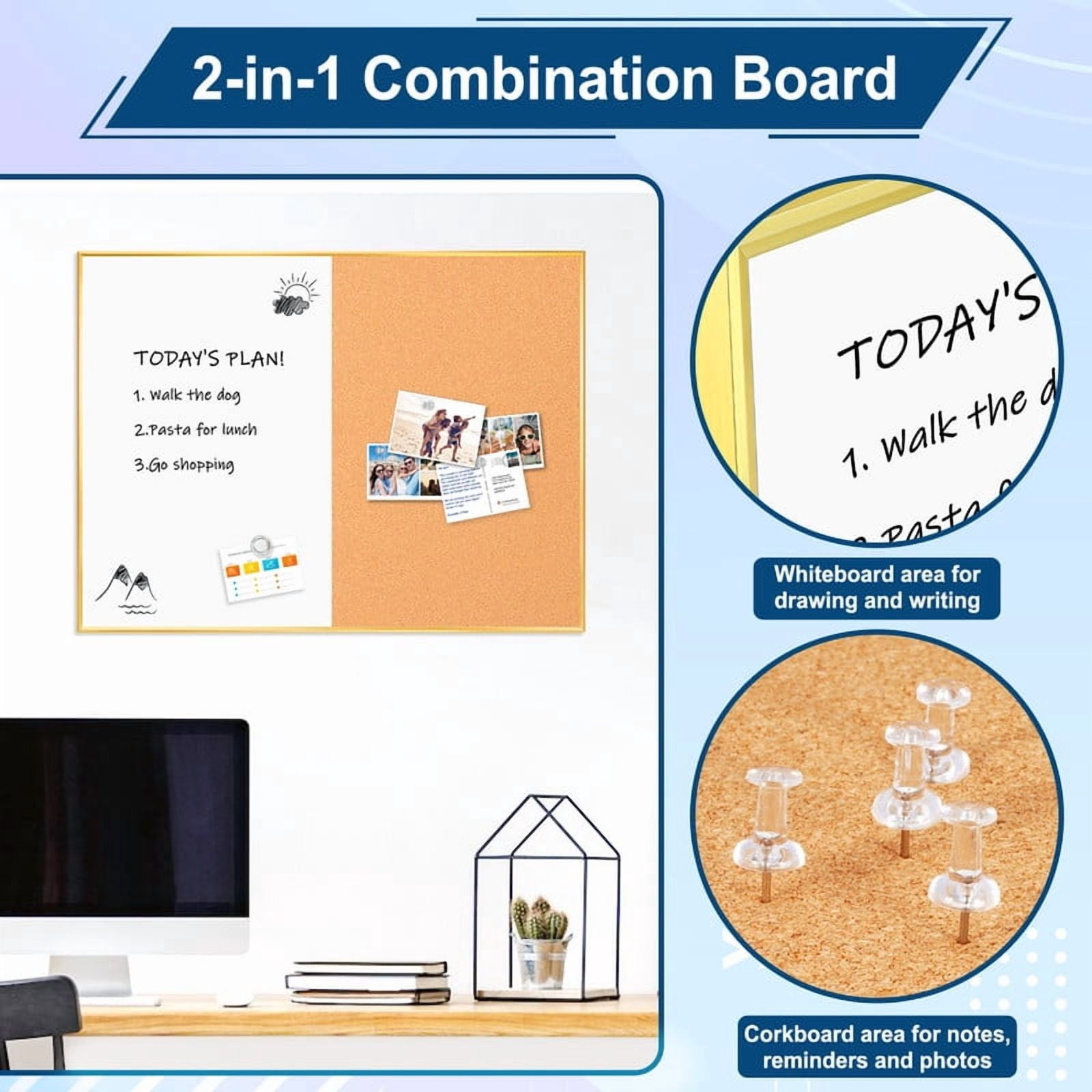 Cork Board Magnetic Dry Erase Board Combo, 36 x 24 Inches Lage Whiteboard and Bulletin Board Combination, Aluminum Frame Vision Board with with 2 Markers, 6 Magnets, Eraser and Push Pins
